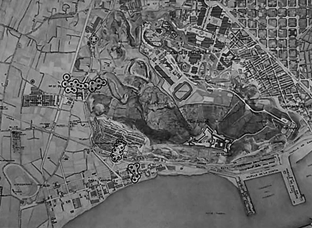 Localització dels bombardeigs a les zones afectades de La Marina. A. Santafé. 2010.
