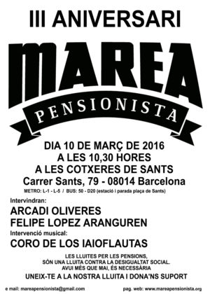 La Marea Pensionista organitza una assemblea en motiu del seu tercer aniversari