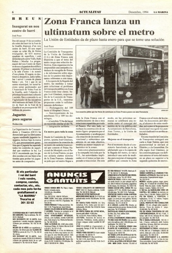 “La Zona Franca llança un ultimàtum sobre el metro” (desembre, 1994)