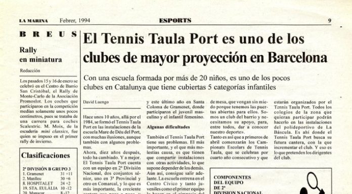 “El Tennis Taula Port és un dels clubs de major projecció a Barcelona” (febrer, 1994)