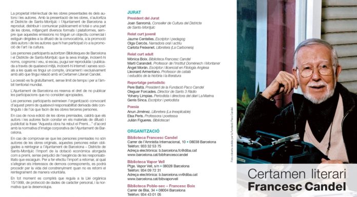 Arriba la 26a edició del certamen literari Francesc Candel al districte Sants-Montjuic